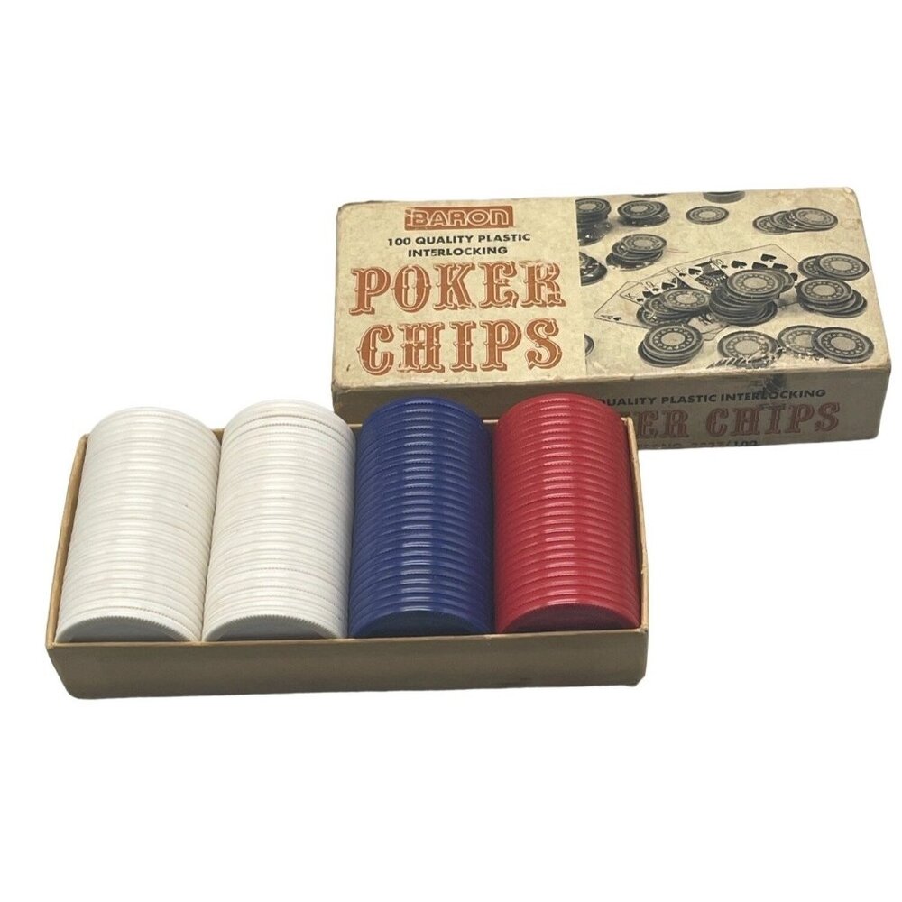 Baron poker chips 100 quality plastic interlocking 1 set white red blue READ